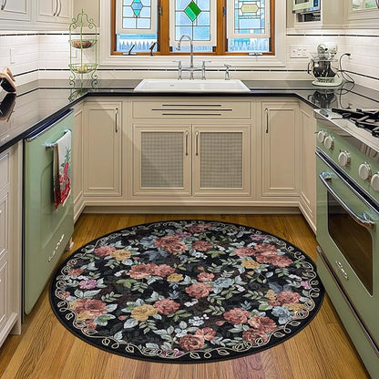 4ft Round Machine Washable Area Rug for Living Room, Black Vintage Boho Floral Rug Large Non-Slip Low Pile Soft Faux Wool Carpet, Kids and Pets Friendly for Bedroom Nursery Farmhouse Home Decor Rug