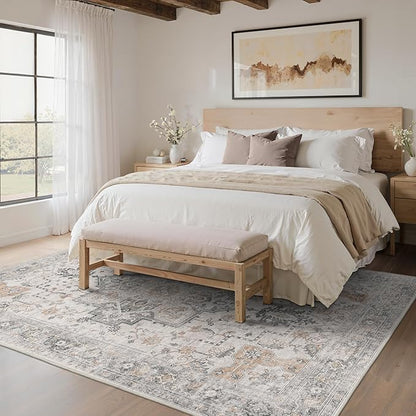 6x9 Area Rugs for Living Room, Machine Washable Low Pile Rugs, Non Alip Vintage Rug for Bedroom, Dining Room, Home Office, Light Taupe Brown
