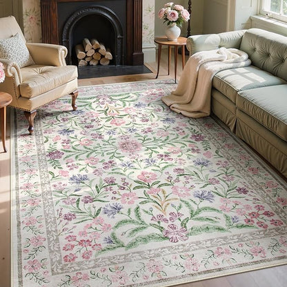 Wonnitar Boho Floral Area Rug 6x9, Washable Purple Rugs for Bedroom Girls, Non Slip Ultra-Thin Soft Indoor Baby Carpet for Nursery Dorm Kids Room Living Room, Light Purple/Pink