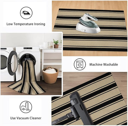 Striped Outdoor Rug 3'x5', Cotton Hand Woven Rug Front Door Mat,Washable Reversible Layered Door Mats, Foldable Front Porch Rug for Entryway/Home Entrance/Farmhouse(Black and Tan)