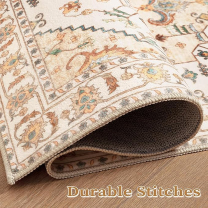 SERISSA Boho Area Rug 8x10 Light Yellow, Washable Large Rugs for Living Room, Ultra Soft Non-Slip Bedroom Rug Print Distressed Vintage Farmhouse Carpet Rug for Dining Room Dorm Office Home Decor
