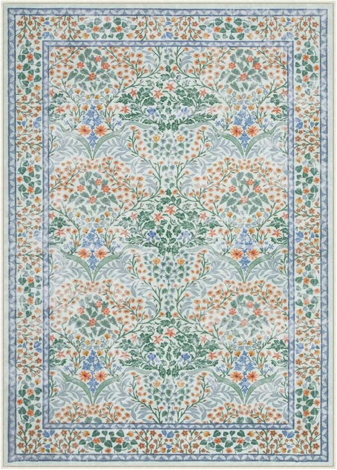 Lahome Floral Washable Area Rugs 5x7, Soft Green Rugs for Living Room Bedroom, Boho Non Slip Low Pile Forest Stain Resistance Large Throw Carpet for Farmhouse Dining Room Nursery, Green