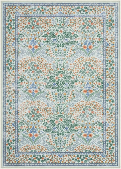 Lahome Floral Washable Area Rugs 5x7, Soft Green Rugs for Living Room Bedroom, Boho Non Slip Low Pile Forest Stain Resistance Large Throw Carpet for Farmhouse Dining Room Nursery, Green