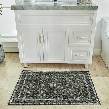 WITSHOCK Washable 2x3 Entryway Area Rug: Soft Non-Slip Backing Washable Rugs Vintage Flower Boho Accent Small Rugs for Bedroom, Kitchen, Bathroom, Nursery Entrance,Dark Green