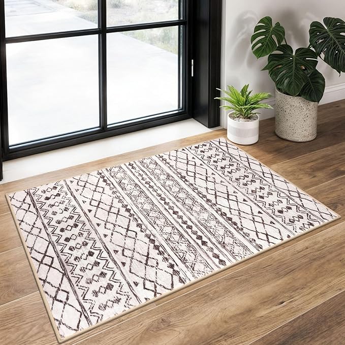 KUTA Moroccan Kitchen Rugs, 2x3 Brown Cream Entryway Rug Non-Slip Washable Small Indoor Door Mat, Ultra Soft Print Vintage Geometric Low-Pile Floor Carpet for Indoor, Entrance, Kitchen