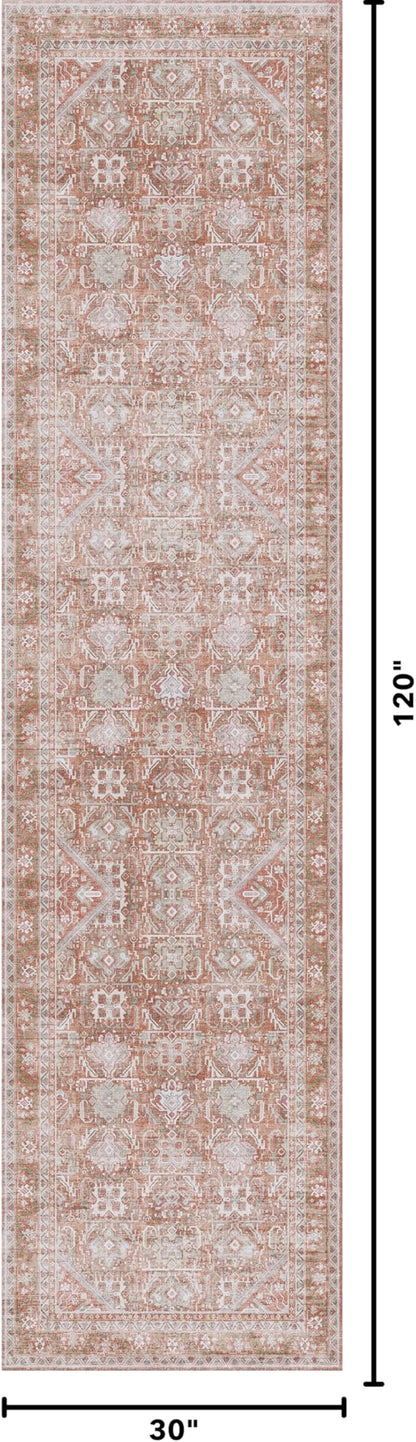 Kuden 2'6"x10 Runner Rug, Machine Washable Area Rug with Non-Slip Backing, Vintage Style, Soft, Easy Clean, Low Pile Rug for Hallway, Entryway, Kitchen, Bedroom