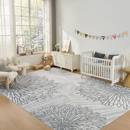 WITSHOCK 10x12 Washable Rug for Living Room,Modern Floral Distress Print Pattern Area Rugs,Stain Resistant with Non Slip Backing Carpet for Dining Room,Bedroom & Home Decor,Grey White