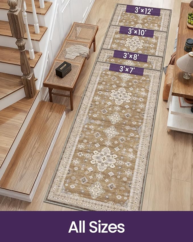 DEXI Hallway Runner Rug 3x10, Distressed Non Slip Runners Carpet, Boho Vintage Soft Thin Indoor Rug, Stain Resistant Washable Entry Mat for Entryway Kitchen Laundry Room Living Room, Light Brown