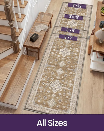 DEXI Hallway Runner Rug 3x10, Distressed Non Slip Runners Carpet, Boho Vintage Soft Thin Indoor Rug, Stain Resistant Washable Entry Mat for Entryway Kitchen Laundry Room Living Room, Light Brown