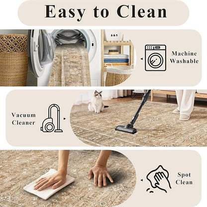 2.6x8 Runner Rug for Hallways Vintage Distressed Non Slip Long Carpet Floral Boho Distress Print Pattern Mat Lightweight Retro Accent Throw Carpet for Kitchen Bedroom Bedside Laundry Room﻿-Khaki