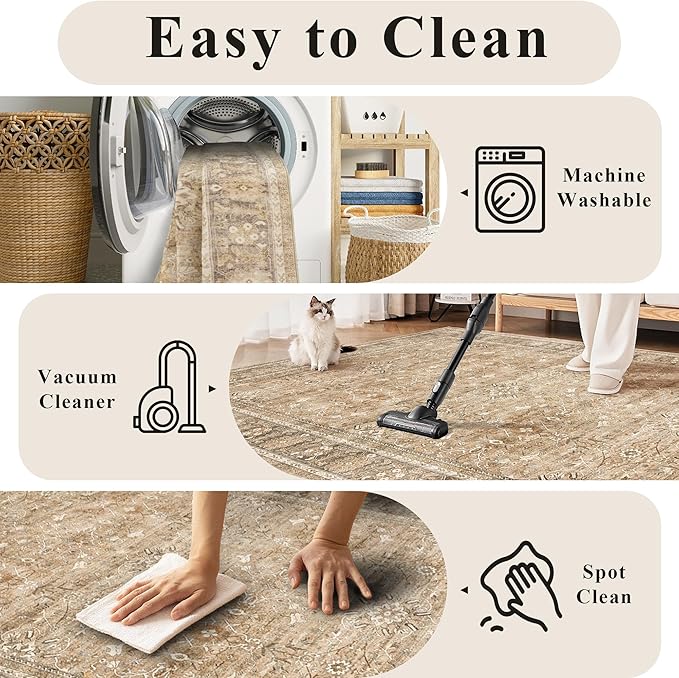 HelloTree Vintage Area Rug 4x6 Khaki Entryway Office Washable Carpet Non Slip Backing Printed Distressed Rugs for Bedroom Vintage Boho Tribal Area Rugs for Bathroom Bedroom Dining Living Room-Khaki