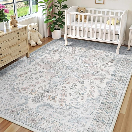 Wonnitar Floral 8x10 Washable Rug, Blue Rug for Bedroom Nursery Decor, Ultra-Thin Large Non-Slip Soft Boho Vintage Distress Print Carpet for Living Room Kids Playroom Office