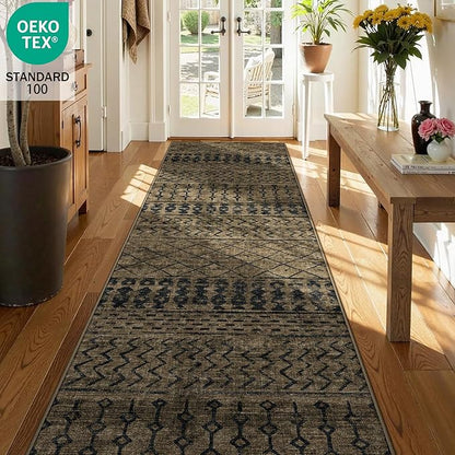 2x8 Machine Washable Runner Rug, Kitchen Hallway Area Rug, Brown Black Vintage Moroccan Rug Ultra Non-Slip Low Pile Soft Faux Wool Carpet, Kids and Pets Friendly for Bedroom Entryway Bedside Decor Rug