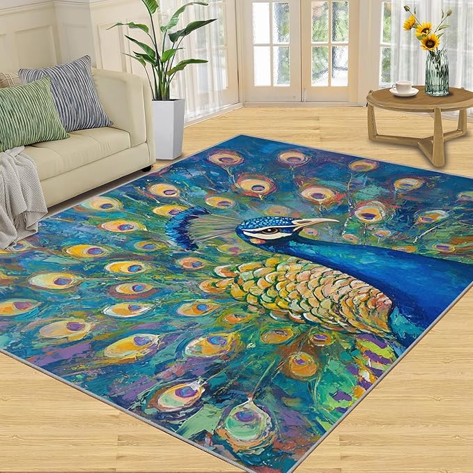 Peacock Rug Large - 6x9 Rug, Turquoise Teal Peafowl Washable Rugs for Living Room, Peafowl Decor Carpet, Modern Style Non-Slip Area Rugs for Bedroom, Aesthetics Carpet - Peafowl Home Decor & Gifts