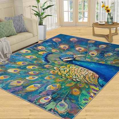 Peacock Rug Small - 4x6 Rug, Turquoise Teal Peafowl Washable Rugs for Living Room, Peafowl Decor Carpet, Modern Style Non-Slip Area Rugs for Bedroom, Aesthetics Carpet - Peafowl Home Decor & Gifts