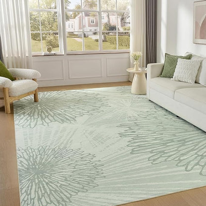 WITSHOCK 9x12 Washable Rug for Living Room,Modern Floral Distress Print Pattern Area Rugs,Stain Resistant with Non Slip Backing Carpet for Dining Room,Bedroom & Home Decor,Green/Light Green