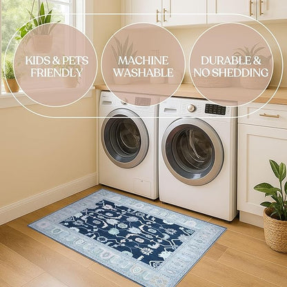 Fame Living Navy Blue Oushak Rug, Modern Rugs, Vintage, Turkish, Eclectic, Floral, Pastel, Washable, Small Throw, Accent Area Rug for Living Room, Bedroom, Kitchen, Bathroom, 2'5"x4'9