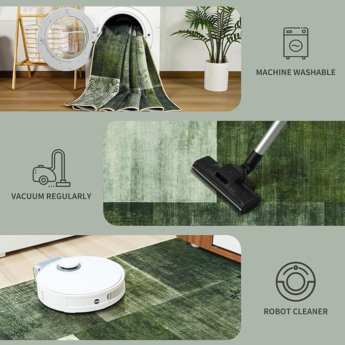 DweIke Washable Area Rugs for Living Room, 5x7 Soft Bedroom Rugs, Geometric Print Non-Slip Modern Rug, Stain Resistant Throw Carpets for Office Nursery Dining Room Home Dorm Decor, Green