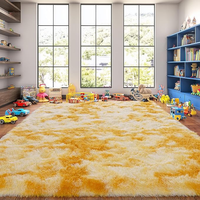 Upgrade Non-Slip Plush Rugs for Living Room, Soft Shaggy Carpets for Living Room, Fuzzy Rugs for Kids' Room, Perfect Decor for Modern Home Tie Dye Yellow 8x10Feet