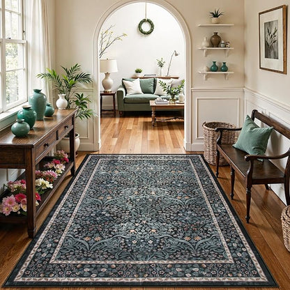 Lahome Floral Area Rugs 5x7, Soft Washable Rugs for Living Room Bedroom, Boho Non Slip Low Pile Forest Design Large Throw Carpet for Farmhouse Dining Room Office, Black