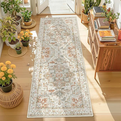 Enkor Runner Rugs for Hallway, 2x6 Washable Soft Boho Non Slip Floor Rugs for Kitchen, Modern Mat for Living Room Bedroom Entryway Beige & Orange