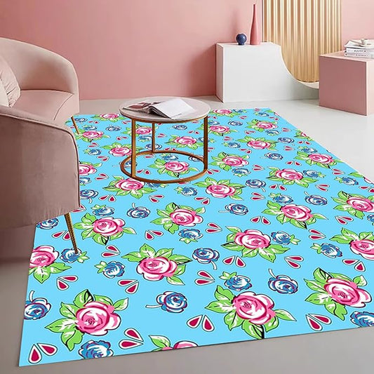 Vintage Floral Area Rug Pink Roses Blue Blooms on Sky Blue Background Romantic Cottage Core Carpet for Living Room Bedroom Dining Room Kitchen Home Office Washable Non Slip Thin Mat 7x12