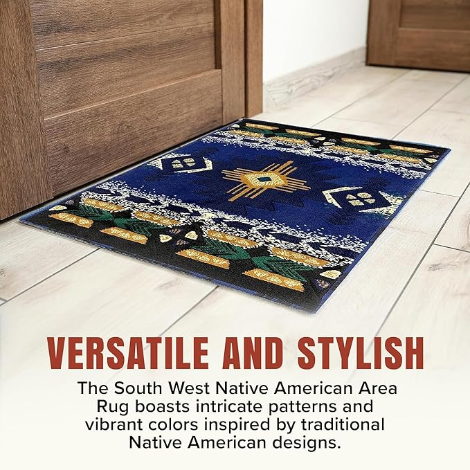 YHSF South West Native American Area Rug C318 (Navy Blue, 8 Feet x 10 Feet)