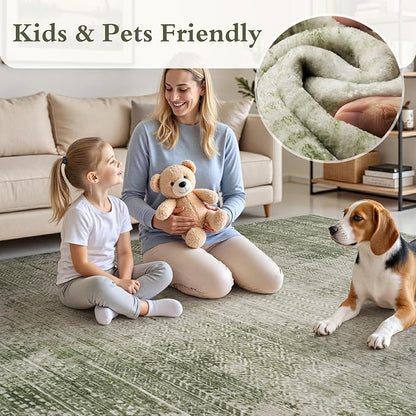 6x9 Area Rugs for Living Room Non Slip Machine Washable Rug Distressed Abstract Soft Indoor Carpet Neutral Boho Rug for Bedroom Dining Room Playroom Office, Green