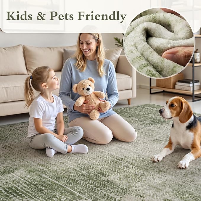 5x7 Area Rugs for Living Room Non Slip Machine Washable Rug Distressed Abstract Soft Indoor Carpet Neutral Boho Rug for Bedroom Dining Room Playroom Office, Green