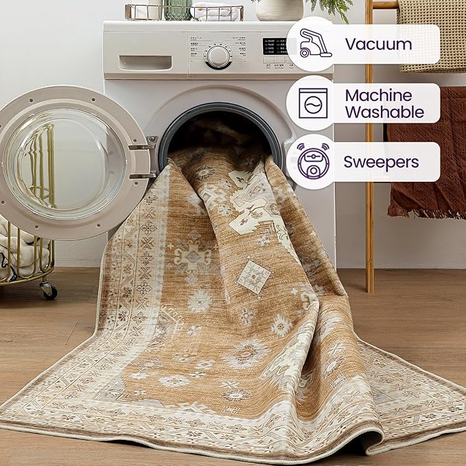 DEXI 4x6 Area Rug for Living Room, Washable Vintage Farmhouse Thin Rug Indoor Floor, Non Slip Stain Resistant Low Pile Carpet for Dining Room Bedroom Office, Light Brown