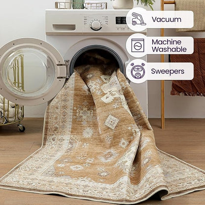 DEXI 5x8 Area Rug for Living Room, Washable Vintage Farmhouse Thin Rug Indoor Floor, Non Slip Stain Resistant Low Pile Carpet for Dining Room Bedroom Office, Light Brown