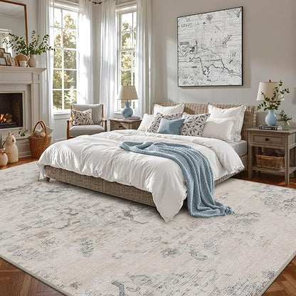 LUMI 8x10 Washable Area Rug for Living Room, Ultra Soft Vintage Rugs with TPE Non Slip Backing, Stain Resistant, Low Profile Carpet High Traffic for Bedroom, Dining Room