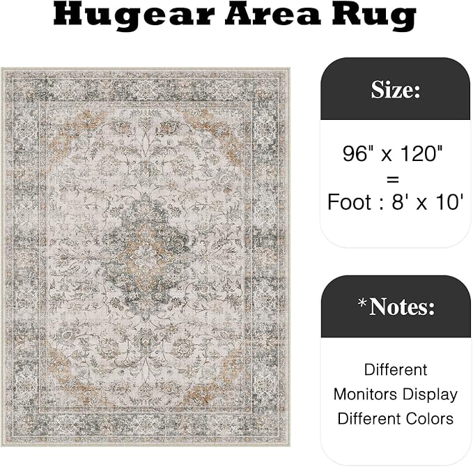 HUGEAR Retro Taupe Green Area Rug 8x10 Machine Washable Living Room Rugs Distressed Vintage Floral Low Pile Carpet Bedroom Office Dining Room Laundry Room Non Slip Soft Lightweight