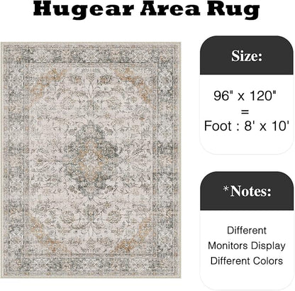 HUGEAR Retro Taupe Green Area Rug 8x10 Machine Washable Living Room Rugs Distressed Vintage Floral Low Pile Carpet Bedroom Office Dining Room Laundry Room Non Slip Soft Lightweight