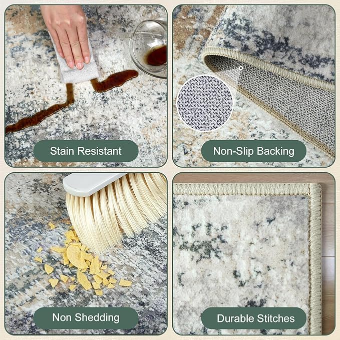 Washable Area Rugs for Living Room 9x12 - Large Neutral Modern Abstract Rug, Soft Low Pile Carpet with Non Slip Backing for Under Dining Room Table, Bedroom, Home, Office, Dorm - Green Yellow