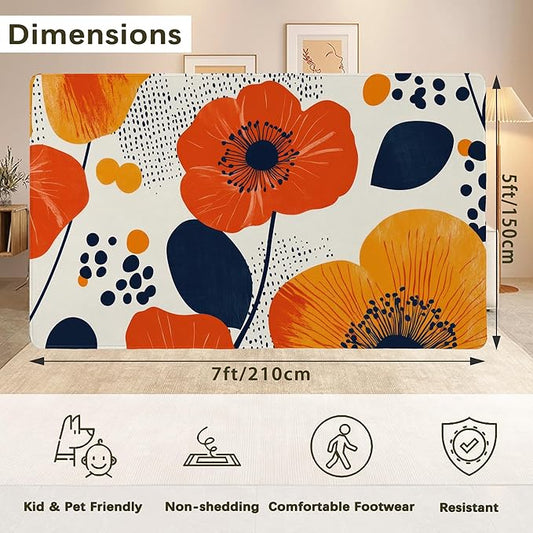 Boho Orange Flowers Autumn Carpet for Living Room, 5x7 Non-Slip Washable Low Pile Abstract Design Rug, Space Saving Area Rug for Bedroom, Dining Room