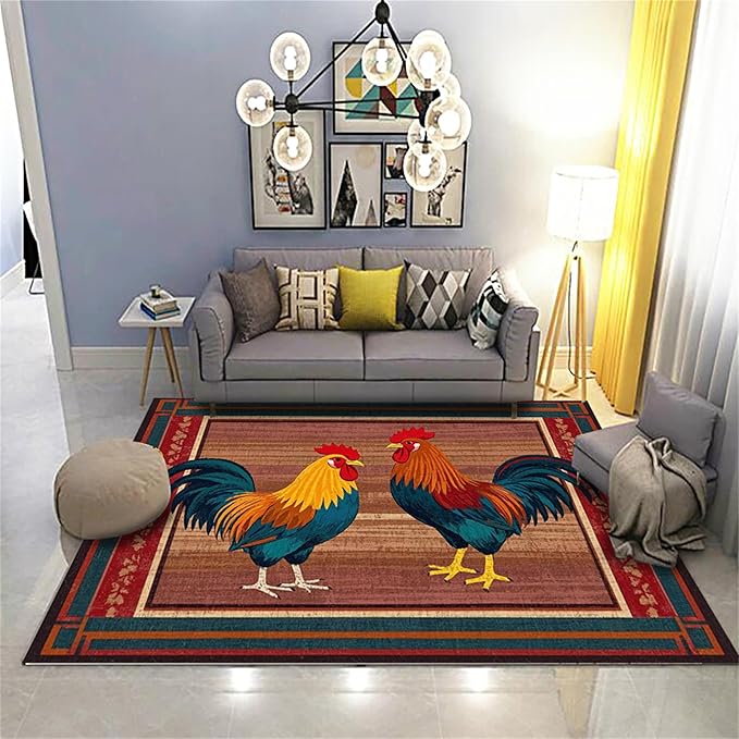 Rustic Rooster Area Rug，4x6ft,The Colorful Rooster Rug in A Farmhouse Style Adds Natural Vitality to Your Home，Soft and Comfortable Easy to Clean Carpet Suitable for Living Room Bedroom Kitchen