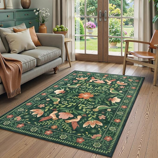 Moynesa 3x5 Kitchen Rug, Modern Cottage Washable Non-Slip Low Pile Area Rug for Bedroom Entryway Entrance Aesthetic,Lightweight Foldable Farmhouse Floral Bird Print Pattern Carpet Retro Home Decor