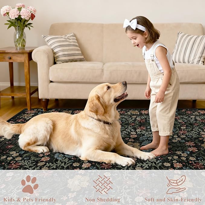DUKINO 2x3 Entryway Rug, Floral Washable Area Rug with Non Slip Indoor Door Mat, Vintage Low Pile Small Front Door Throw Carpet for Kitchen, Entrance, Bathroom, Bedroom, Black