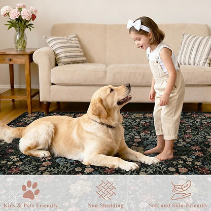 DUKINO 2x3 Entryway Rug, Floral Washable Area Rug with Non Slip Indoor Door Mat, Vintage Low Pile Small Front Door Throw Carpet for Kitchen, Entrance, Bathroom, Bedroom, Black