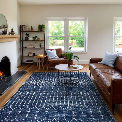 Lahome Moroccan Blue Rugs for Living Room Washable Rugs 8x10 Non-Slip Ultra-Thin Extra Large Area Rug Throw Stain Resistant Rug for Dining Room Table, Geometric Print Modren Rug for Bedroom Office