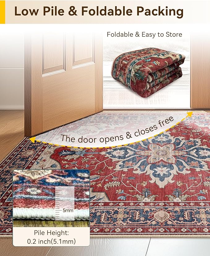 Area Rugs 3'x5' Washable Non-Slip, Floral Vintage Distress Print Pattern Medallion Carpet for Living Room Bedroom Dining Room, Red Blue