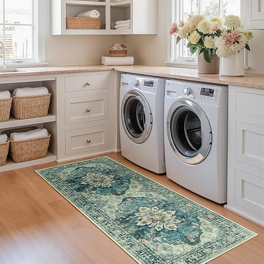 Area Rugs 2'x6' Washable Non-Slip, Floral Vintage Distress Print Pattern Medallion Carpet for Living Room Bedroom Dining Room, Dark Blue Vintage