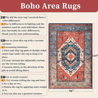 SERISSA Washable Rugs 8x10 Area Rugs, Large Non-Slip Boho Living Room Rust Rug, Ultra Soft Vintage Print Distressed Oriental Tribal Farmhouse Carpet for Dining Room Bedroom Dorm Office Home Decor