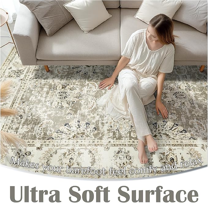 jinchan Fiora Runner Rug 2x6 Washable Hallway Runner - Vintage Floral Non Slip Low-Pile Soft Thin Kitchen Rug Distressed Carpet for Farmhouse Bedroom Entryway Laundry Room(2x6ft, Taupe)