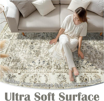 jinchan Fiora Hallway Runner Rug 3x8 Washable Runner - Vintage Floral Non Slip Low-Pile Soft Thin Faux Wool Kitchen Rug Distressed Carpet for Farmhouse Bedroom Laundry Room(3x8ft, Taupe)