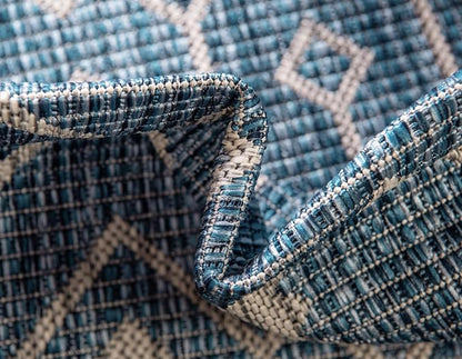Unique Loom Outdoor Trellis Collection Area Rug - Tribal Trellis (2' 7" x 12' Runner, Blue/ Ivory)