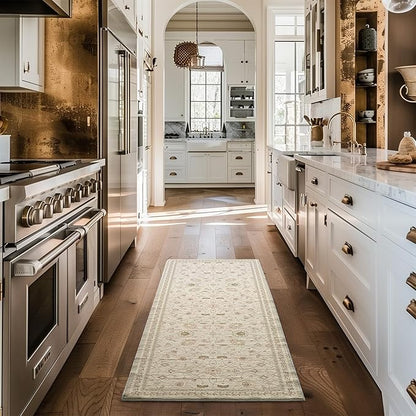 EVERGRACE Hallyway Area Runner Rugs 2x6, Boho Floral Faux Wool Indoor Outdoor Rugs, Washable Rugs for Bedroom Bathroom Living Room Kitchen, Low Pile Floor Mat Carpet for Home Decor, Natural Beige