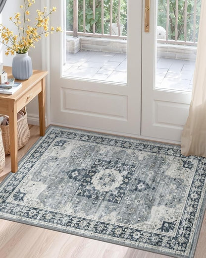 DEXI Area Rugs for Entryway 2'8"x4', Washable Low Pile Vintage Traditional Entry Rug Non Slip, Indoor Door Mat for Bedroom Kitchen Entrance Hallway, Blue Grey