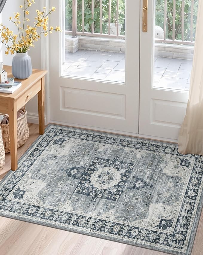 DEXI Area Rugs for Entryway 2x3, Washable Low Pile Vintage Traditional Entry Rug Non Slip, Small Indoor Door Mat for Bedroom Kitchen Entrance Hallway, Blue Grey